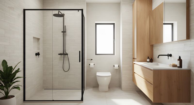 Open Shower Design with Black Hardware Accents